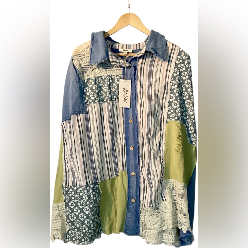 Blue Velvet Patchwork Button Down Bat-Wing Tunic/Shirt Sz S/M - Picture 8 of 10
